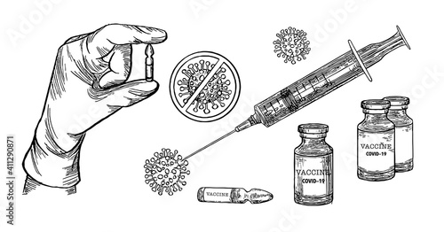 Vaccination set in sketch style. Hand drawn line art illustration of Coronavirus vaccine and immune protection