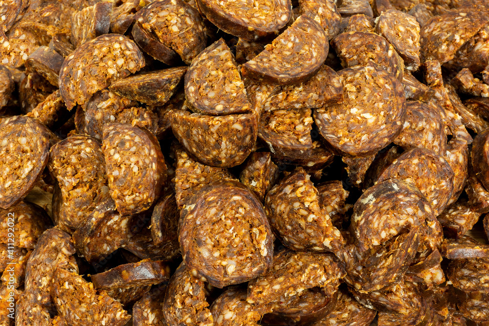 Chopped and uncooked, homemade butcher sausage Chopped and uncooked, homemade butcher sausage