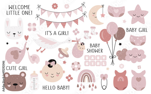Vector hand drawn baby shower collection for girl with cute babies, moon, cloud, rainbow, star for nursery decoration. © Alexandra