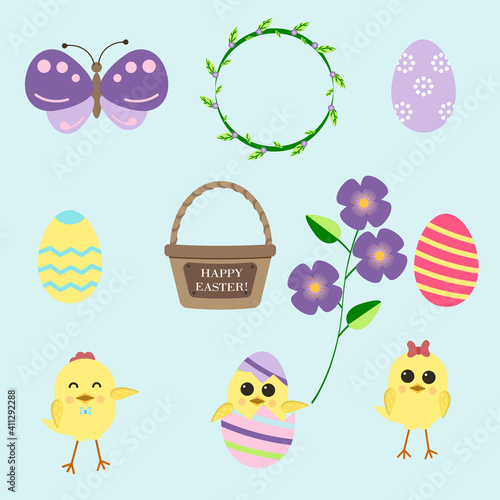 Easter set with cute little yellow chickens, butterfly, basket, colored eggs, flower wreath. Chicks boy
