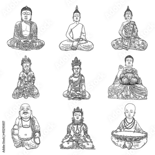 Buddha meditation set and Buddha portraits. Drawings for Vesak Purnima day, traditional Buddhists holiday for Hindus. The festival of birth, enlightenment, and death of Buddha. Vector.