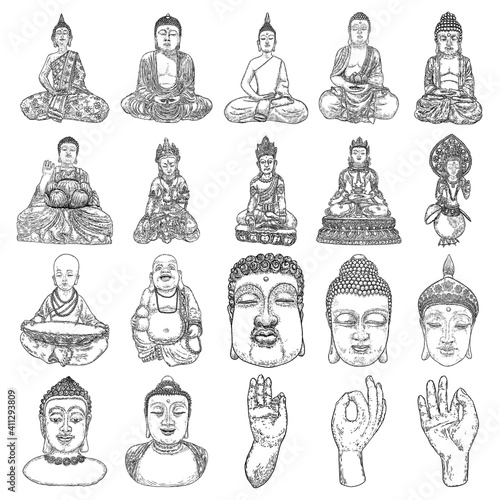 Buddha meditation set and Buddha portraits. Drawings for Vesak Purnima day, traditional Buddhists holiday for Hindus. The festival of birth, enlightenment, and death of Buddha. Vector.