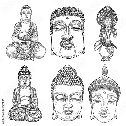 Buddha meditation set and Buddha portraits. Drawings for Vesak Purnima day, traditional Buddhists holiday for Hindus. The festival of birth, enlightenment, and death of Buddha. Vector.