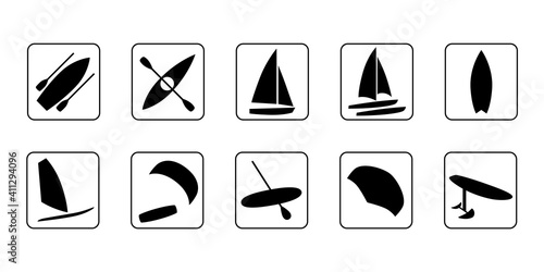 Watersports icons set. Surfing, kiteboarding, windsurfing, sailboat, catamaran, hydrofoil, kayaking, foil wing, boat and sup boarding. Extreme kinds of sports signs and symbols collection. photo