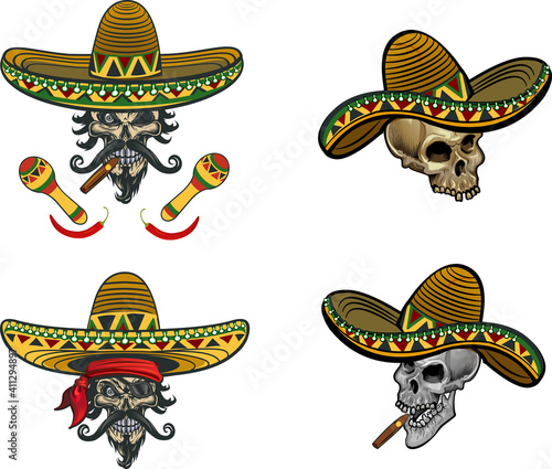 mexican skull with sombrero and gun