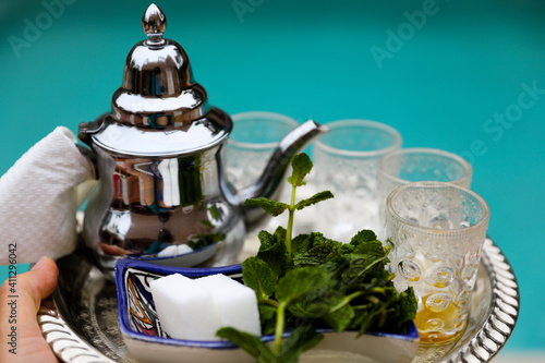 Moroccan green tea with mint.  Teapot and cups.