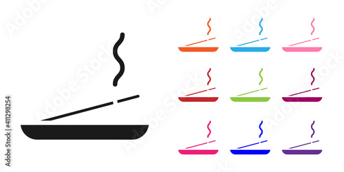 Black Scented spa stick on a wooden stand icon isolated on white background. Incense stick. Cosmetic procedure aromatherapy. Set icons colorful. Vector Illustration.