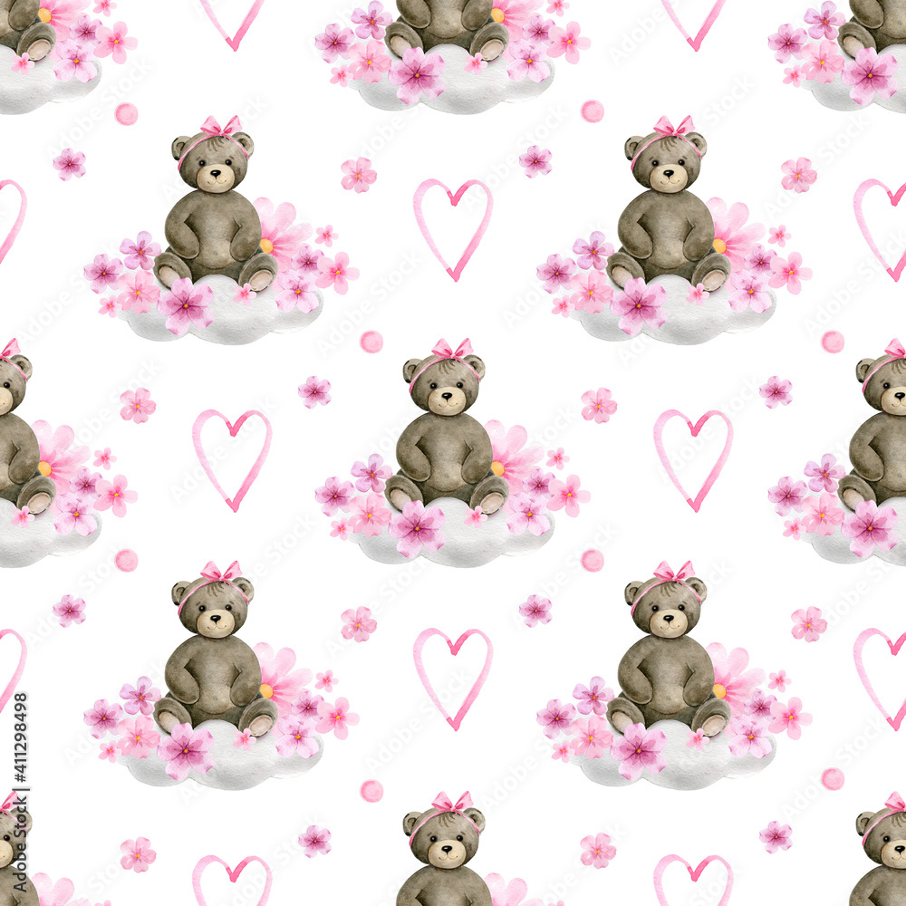 Fototapeta Watercolor hand painted seamless pattern of starlight night with cute teddy bear, clouds and stars for baby girl.