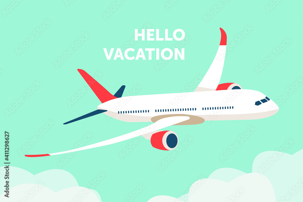 Airplane in the sky. The plane is flying between the clouds. Flat illustration Airplane in the sky. The plane is flying between the clouds. Flat illustration