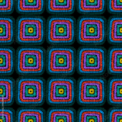 Seamless geometrical square vector pattern, satin stitch embroidery
