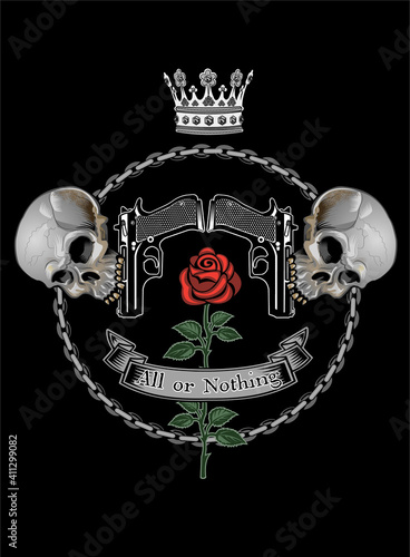 Vintage label. Skull and Pistols