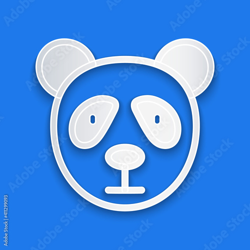 Paper cut Cute panda face icon isolated on blue background. Animal symbol. Paper art style. Vector.