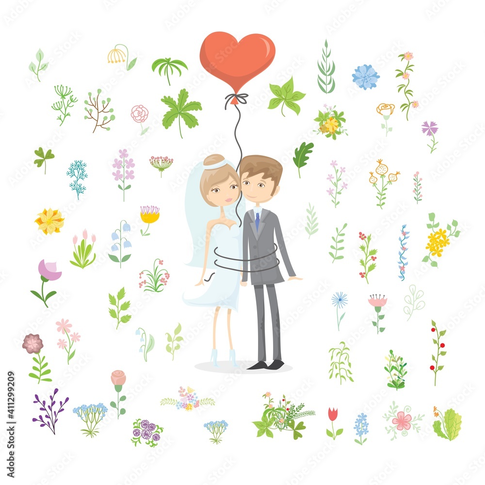 Set of wedding graphic set of flower and wedding couple, hand drawing vector illustration