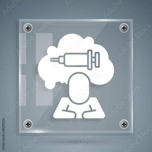 White Addiction to the drug icon isolated on grey background. Heroin, narcotic, addiction, illegal. Sick junkie with a syringe and medical pills. Square glass panels. Vector.