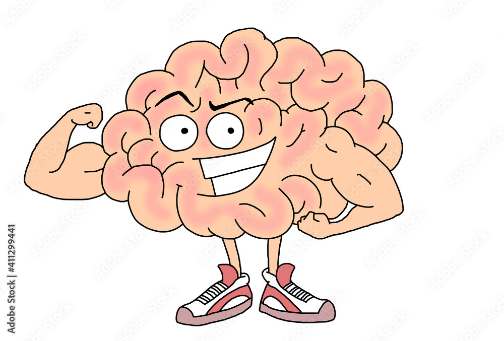 Illustration of a brain with sneakers and muscular arms Illustration of a brain with sneakers and muscular arms