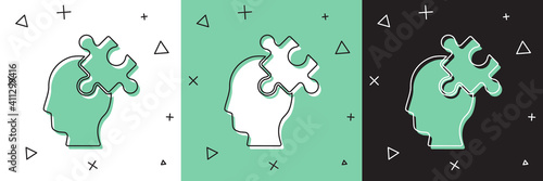 Set Solution to the problem in psychology icon isolated on white and green, black background. Puzzle. Therapy for mental health. Vector.