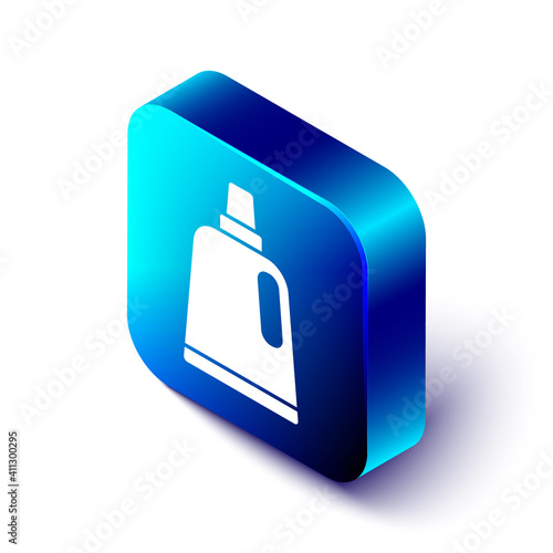Isometric Plastic bottle for laundry detergent, bleach, dishwashing liquid or another cleaning agent icon isolated on white background. Blue square button. Vector.