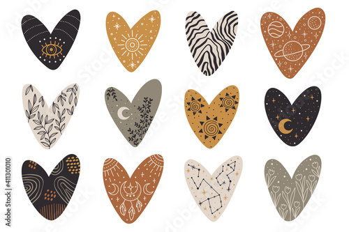Vector hand drawn hearts collection with celestial and bohemian elements: moon, stars, branches, dream catcher for decoration. Mystery symbols.