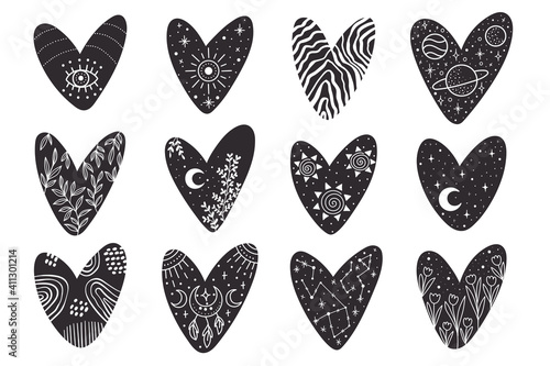 Vector hand drawn hearts collection with celestial and bohemian elements: moon, stars, branches, dream catcher for decoration. Mystery symbols.