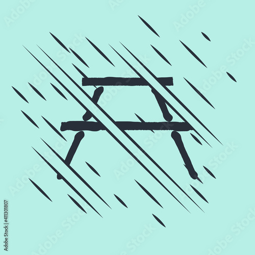 Black Picnic table with benches on either side of the table icon isolated on green background. Glitch style. Vector.