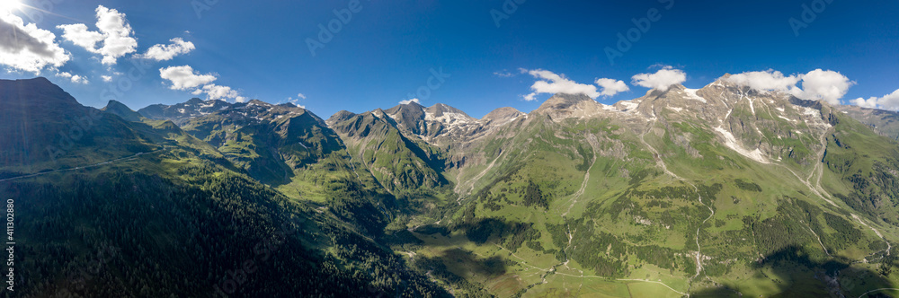 Fototapeta premium Panoramic aerial view of Grossglockner valley along Taxenbacher Fusch high alpine road in Austria Tirol