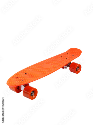 Orange cruiser longboard skateboard plastboard with orange wheels isolated on white background, front view