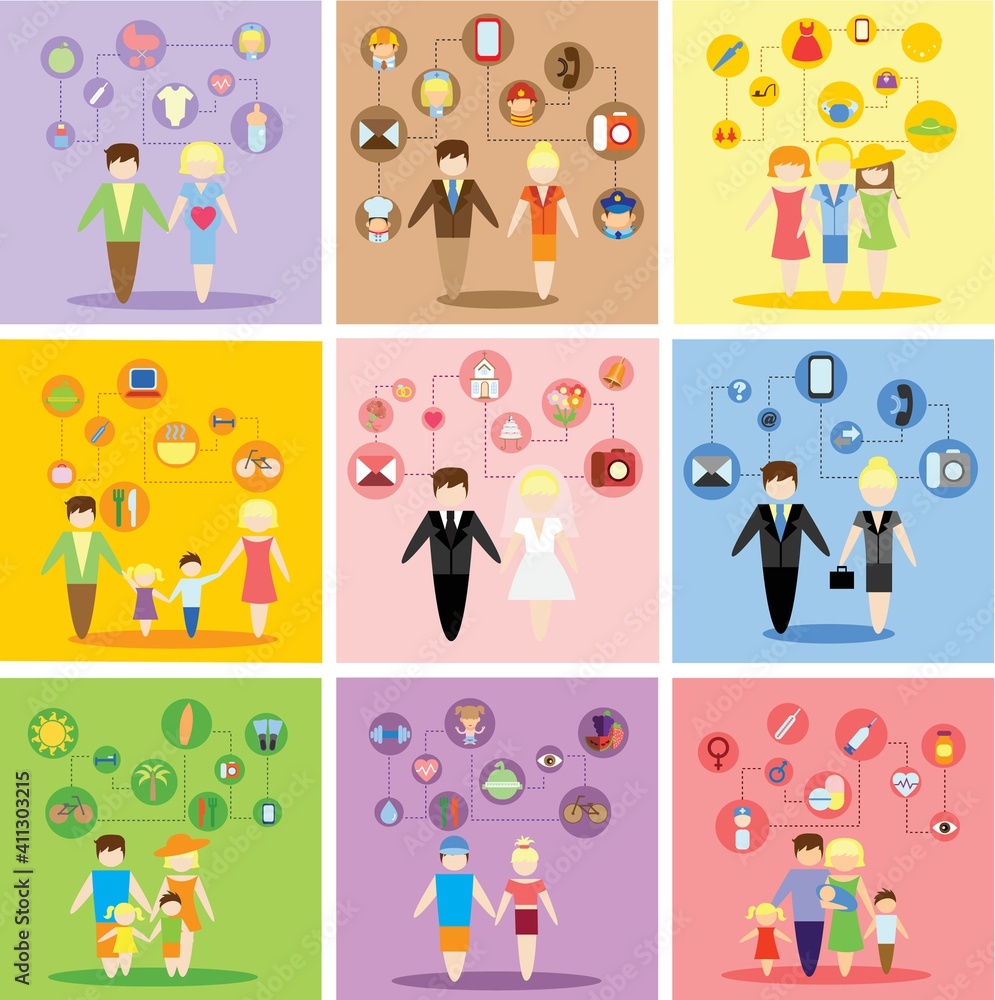 Fototapeta premium Business concept flat icons set of family, health, career and vacation infographic design elements
