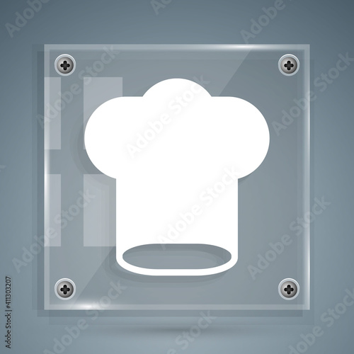 White Chef hat icon isolated on grey background. Cooking symbol. Cooks hat. Square glass panels. Vector.