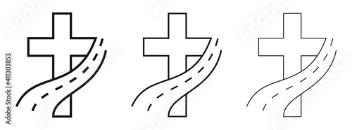 Christian cross icon with road icon. Vector christian cross icons set