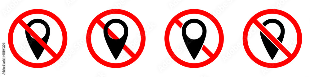 No GPS icon. Map pointer ban icon. Award is prohibited. Vector icons set. No GPS icon. Map pointer ban icon. Award is prohibited. Vector icons set.