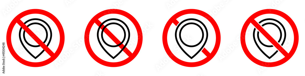 No GPS icon. Map pointer ban icon. Award is prohibited. Vector icons set.