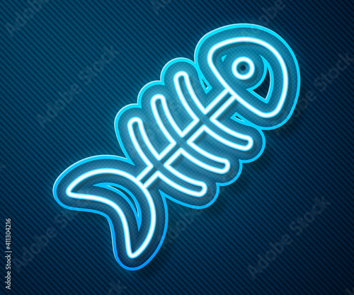Glowing neon line Fish skeleton icon isolated on blue background. Fish bone sign. Vector.