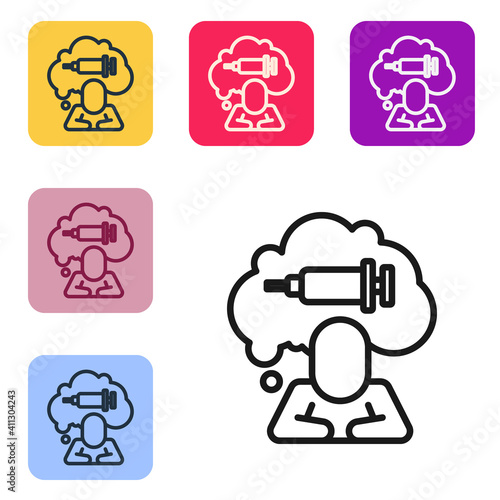 Black line Addiction to the drug icon isolated on white background. Heroin, narcotic, addiction, illegal. Sick junkie with a syringe and medical pills. Set icons in color square buttons. Vector.