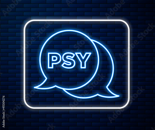 Glowing neon line Psychology icon isolated on brick wall background. Psi symbol. Mental health concept, psychoanalysis analysis and psychotherapy. Vector.