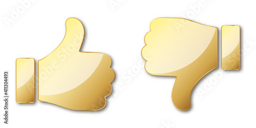 Thumb up and down. Gold hand icon. Gold symbol of like and dislike