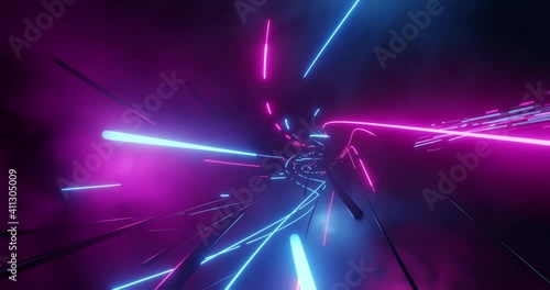 Abstract neon lights loop flying into digital technology tunnel. Futuristic technology abstract background with lines for network, big data, data center, server, internet, speed. 3D render, 4K loop