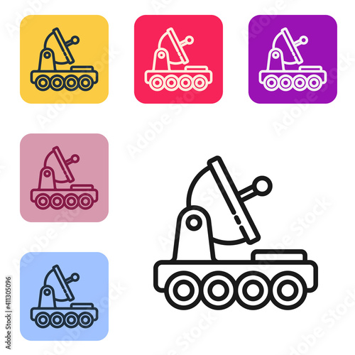 Black line Mars rover icon isolated on white background. Space rover. Moonwalker sign. Apparatus for studying planets surface. Set icons in color square buttons. Vector.