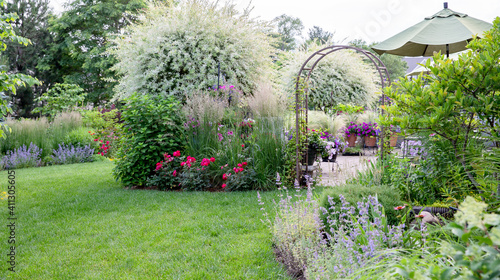 Magically beautiful Japanese willow ornamental trees in a summer garden in the Midwest, with purple and pink petunias, garden containers, catmint and red roses.  photo