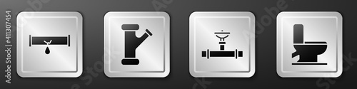 Set Broken pipe with leaking water, Industry metallic pipe, Industry pipe and valve and Toilet bowl icon. Silver square button. Vector.