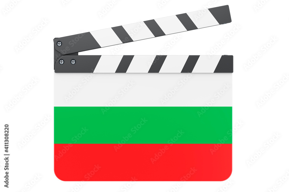 Movie clapperboard with Bulgarian flag, film industry concept. 3D rendering