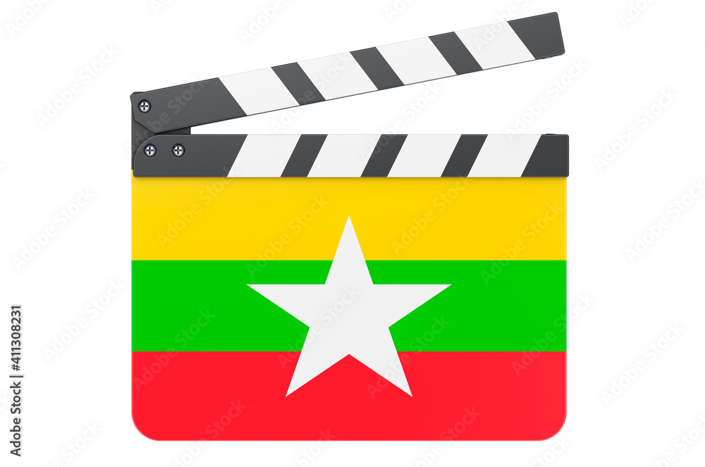 Movie clapperboard with Burmese flag, film industry concept. 3D rendering