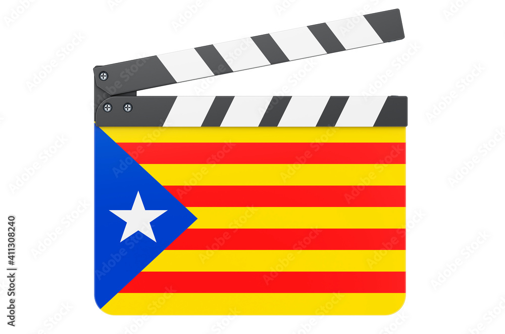 Movie clapperboard with Catalan flag, film industry concept. 3D rendering