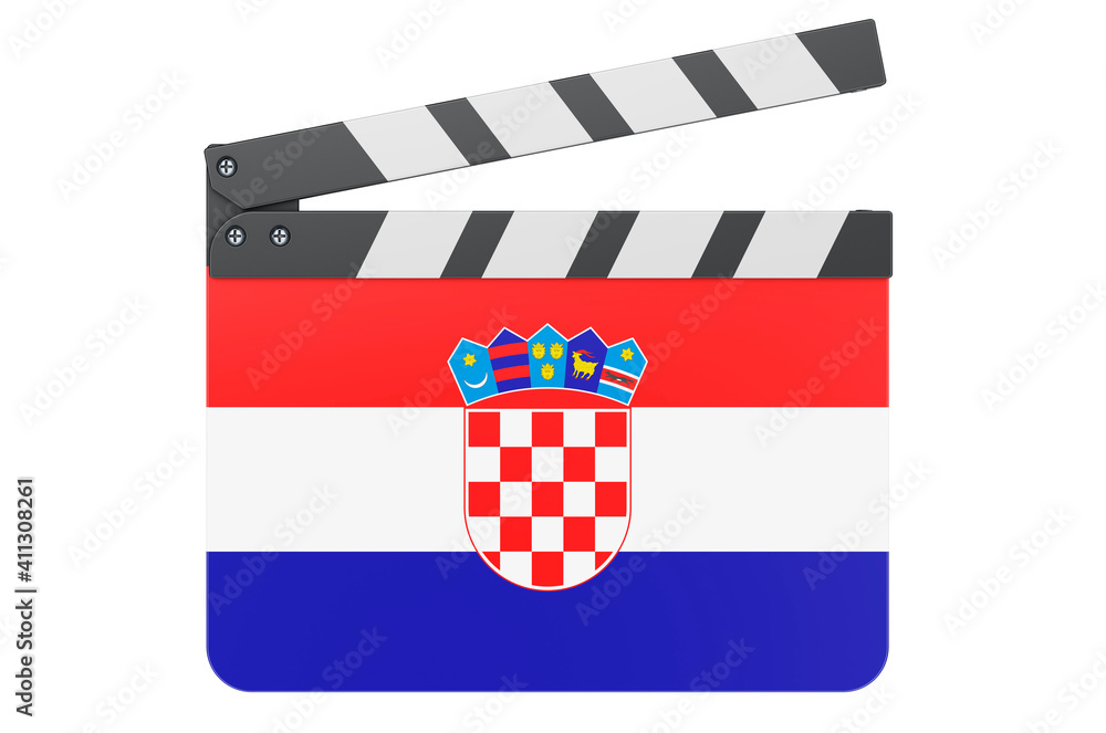 Movie clapperboard with Croatian flag, film industry concept. 3D rendering