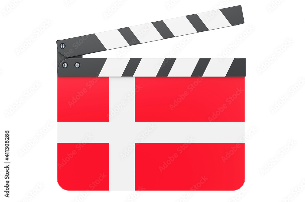 Movie clapperboard with Danish flag, film industry concept. 3D rendering