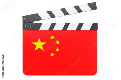 Movie clapperboard with Chinese flag, film industry concept. 3D rendering