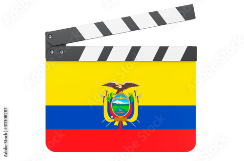 Movie clapperboard with Ecuadorian flag, film industry concept. 3D rendering