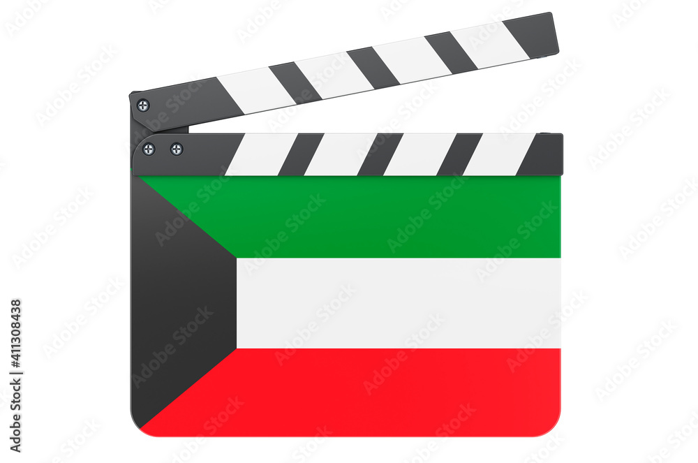 Movie clapperboard with Kuwaiti flag, film industry concept. 3D rendering