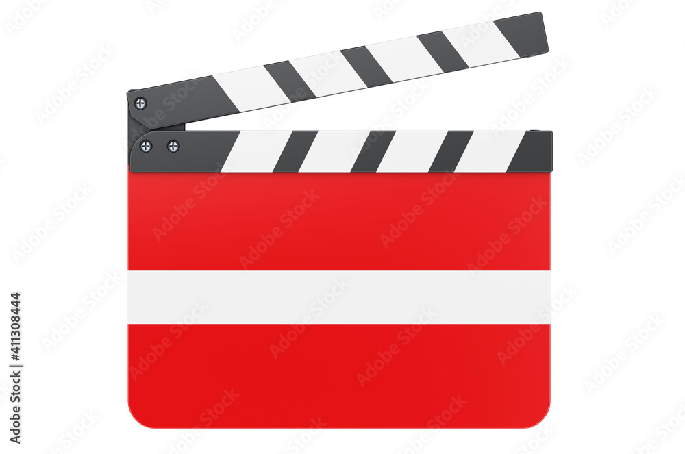 Movie clapperboard with Latvian flag, film industry concept. 3D rendering