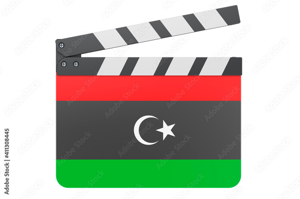 Movie clapperboard with Libyan flag, film industry concept. 3D rendering
