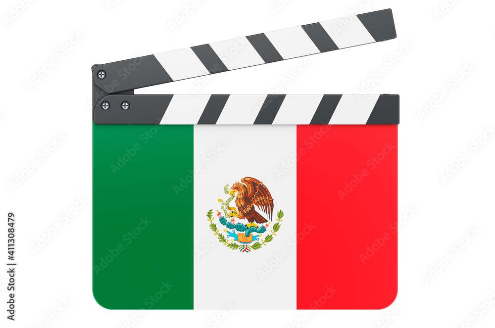 Movie clapperboard with Mexican flag, film industry concept. 3D rendering